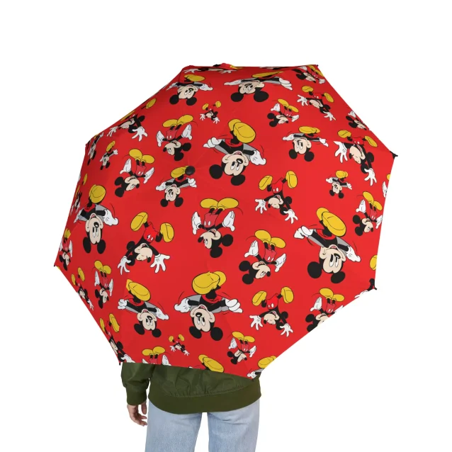 A family using Mickey and Minnie Mouse umbrellas on a sunny day.