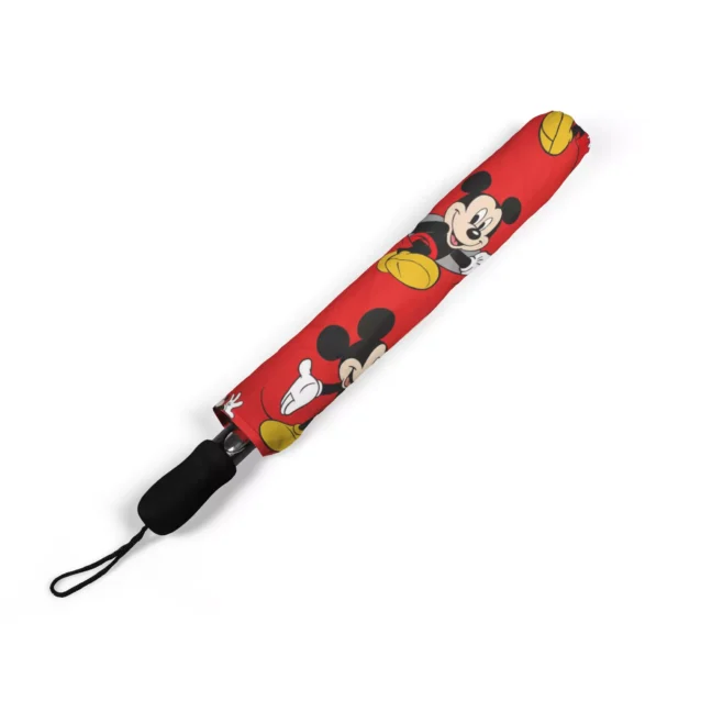 The Mickey Mouse umbrella held against a grey, rainy sky.