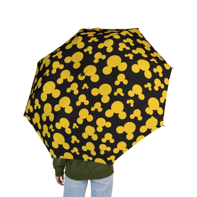 The Mickey Mouse umbrella, personalized design, photographed open.