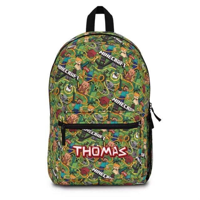 A Creeper-themed school bag with a custom name option, shown from the left side to display its full pattern.