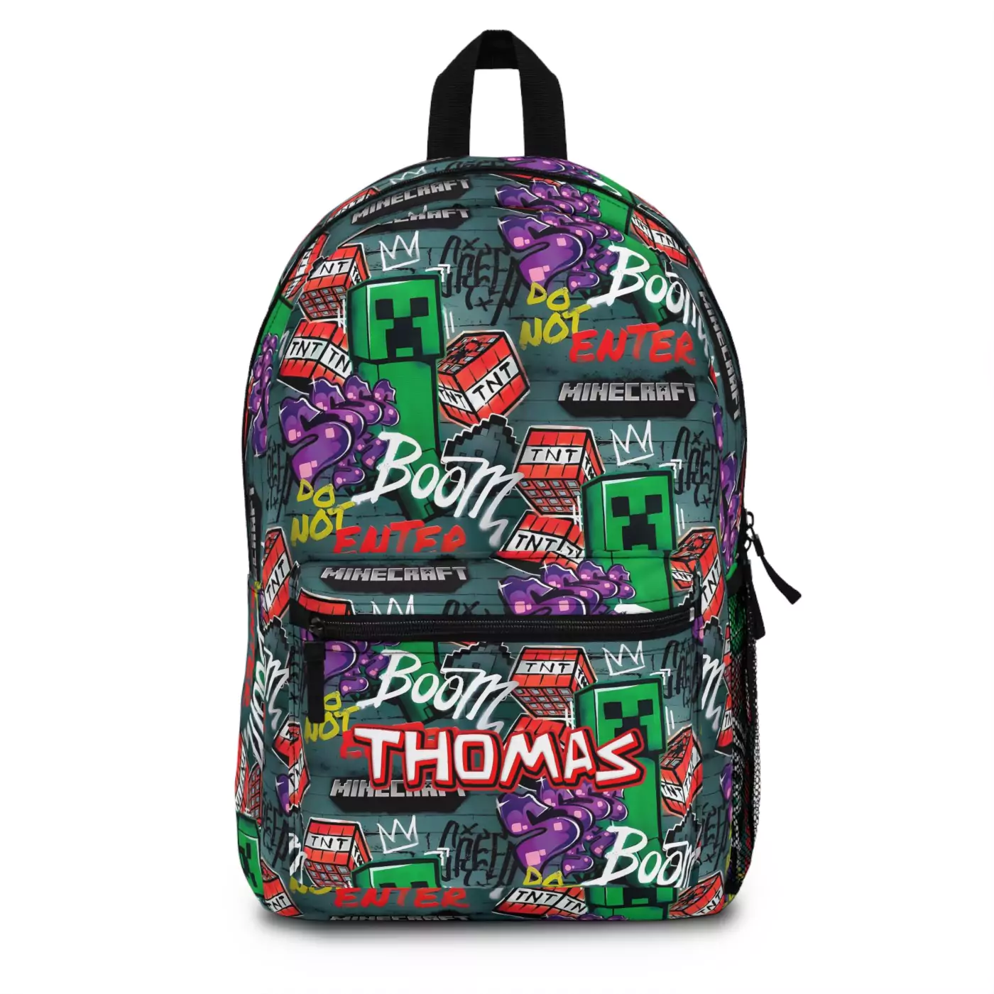 A customizable Minecraft Creeper backpack knapsack for kids, displayed from the front with a personalized name patch.
