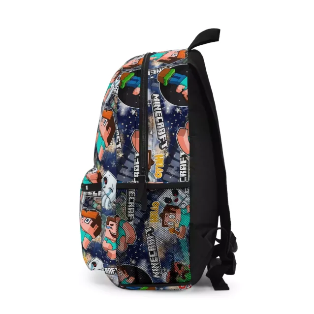 Side profile of a Minecraft school bag showing the mesh side pocket and durable black back panel.