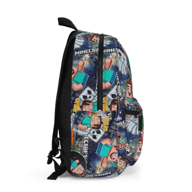 Angled view of the Minecraft rucksack, highlighting the all-over print of pixelated diamonds, pickaxes, and zombies.