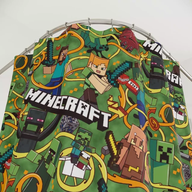 Pixel art shower curtain depicting a Minecraft landscape with pigs, sheep, and chickens.