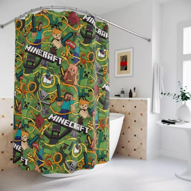 Enderman and other Minecraft mobs on a dark-themed fabric shower curtain for a boy's bathroom.