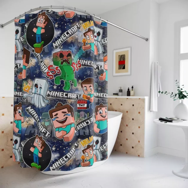 Gamer-themed bathroom decor: a Minecraft shower curtain with a large, menacing Creeper face.