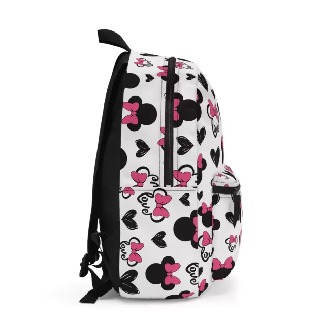 A complete view of the Minnie Mouse carryall, showcasing the adjustable padded straps and top handle for easy carrying.