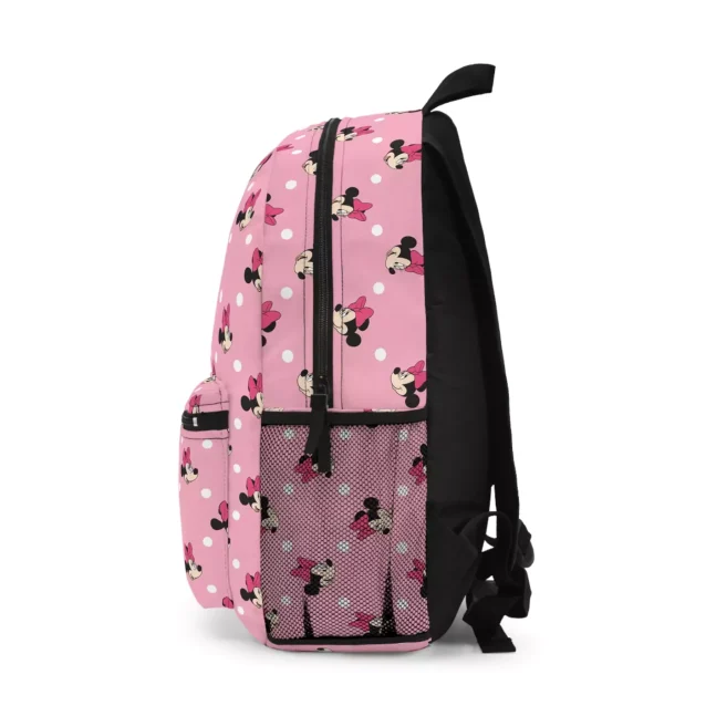A "classic Disney" themed school bag with a custom name option, shown from the left side to display its full pattern of Minnie and Mickey Mouse.