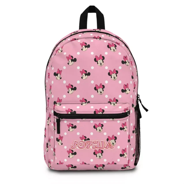 A customizable Minnie Mouse knapsack for a toddler, displayed from the front with a personalized name patch reading 'Lily'.