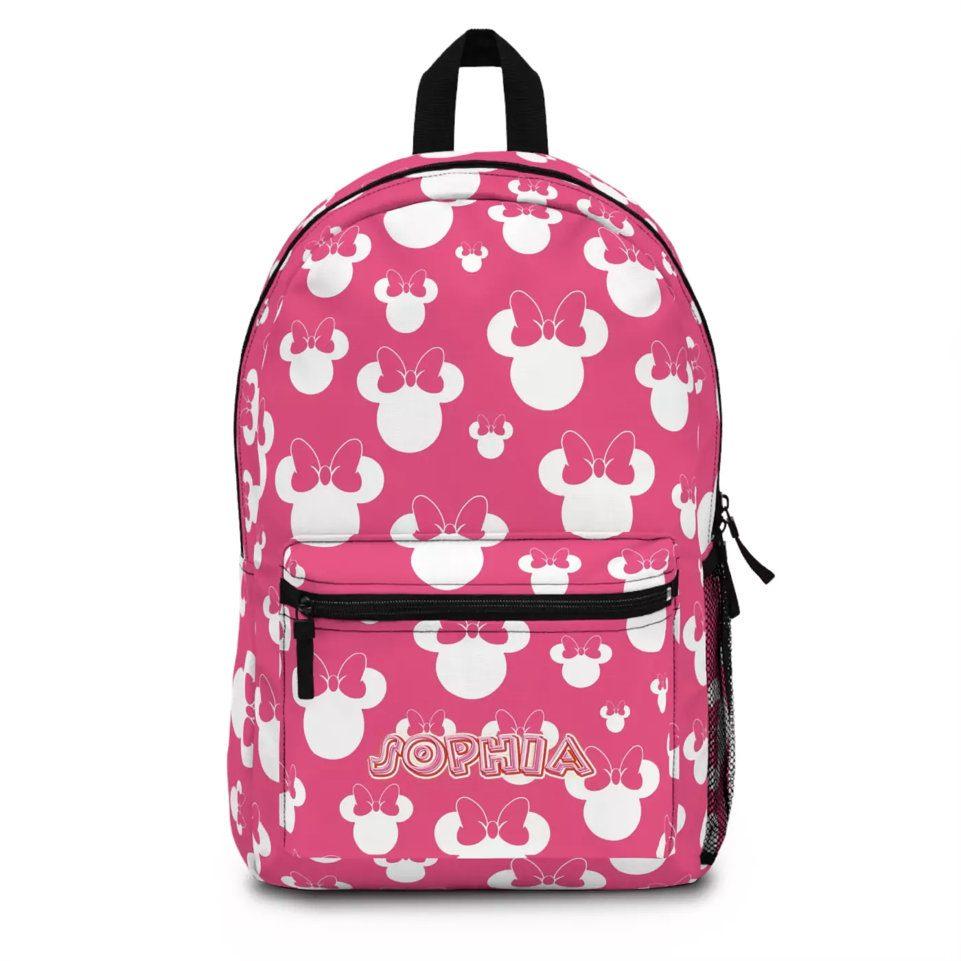 Front view of a personalized pink Minnie Mouse backpack for girls, featuring a large polka dot bow and a custom name.