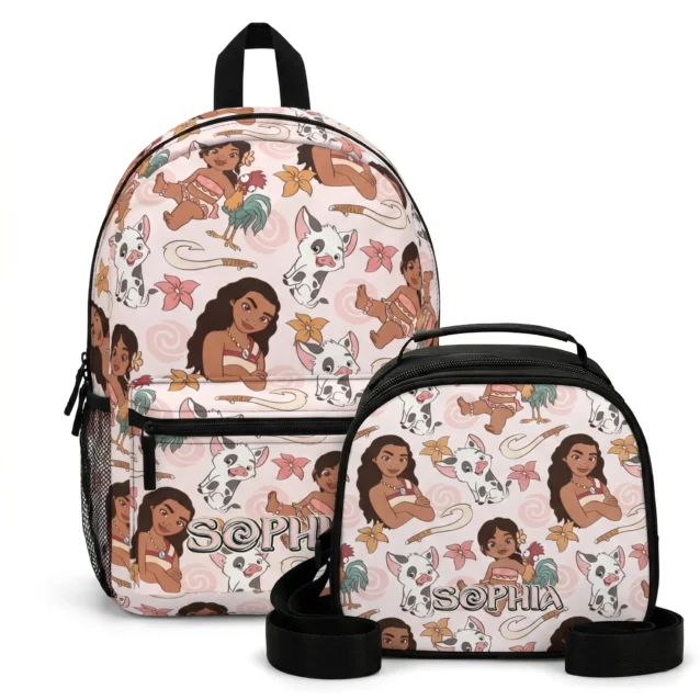 Matching 2-piece set featuring an adorable custom personalized Baby Moana school backpack bundled with a coordinated thermal lunch bag.