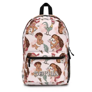 Front view of a personalized Moana backpack for kids, featuring Moana and Pua on a voyaging canoe.