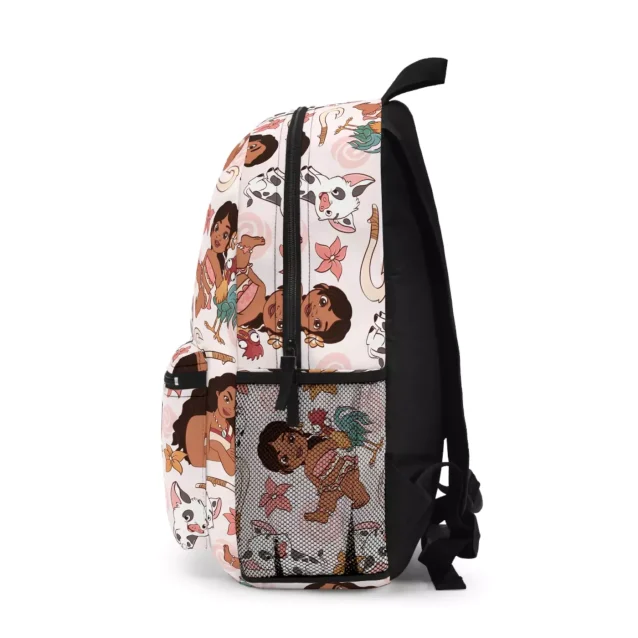 A "wayfinder" themed school bag with a custom name option, shown from the left side to display its full ocean pattern.