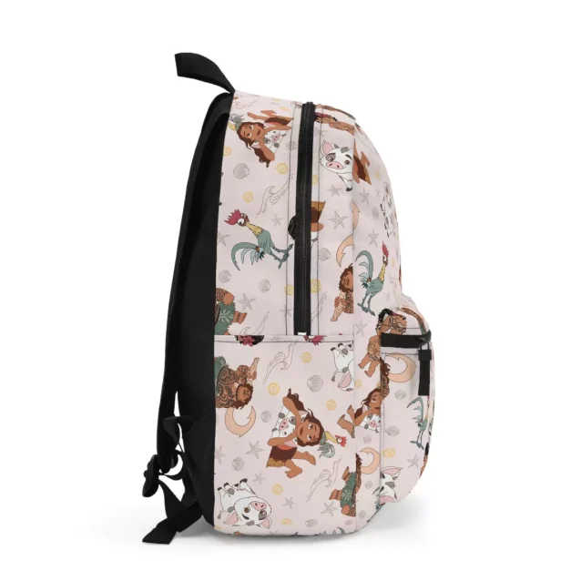 Side profile of a Moana school bag showing a tropical flower print and the mesh side pocket.