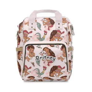 Front display view of the custom personalized Disney Moana diaper bag backpack featuring tropical ocean graphics and a durable waterproof canvas shell.