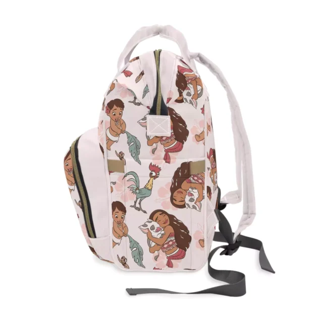 Side view of the pink baby Moana nappy bag with elastic side pockets.