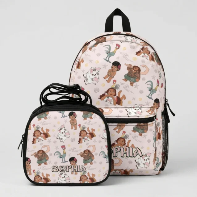 Complete matching back-to-school set featuring a custom personalized Disney Moana backpack and insulated thermal lunchbox combination bundle.
