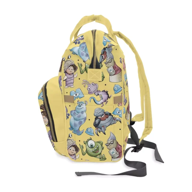 The high-quality stitching of the Monsters Inc. diaper backpack.