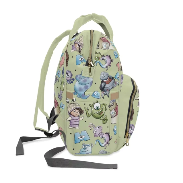 The dimensions of the Monsters Inc. diaper bag (15.0" L x 10.8" H x 6.7" W).