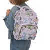 A mom happily carrying the Monsters Inc. diaper bag on her back.