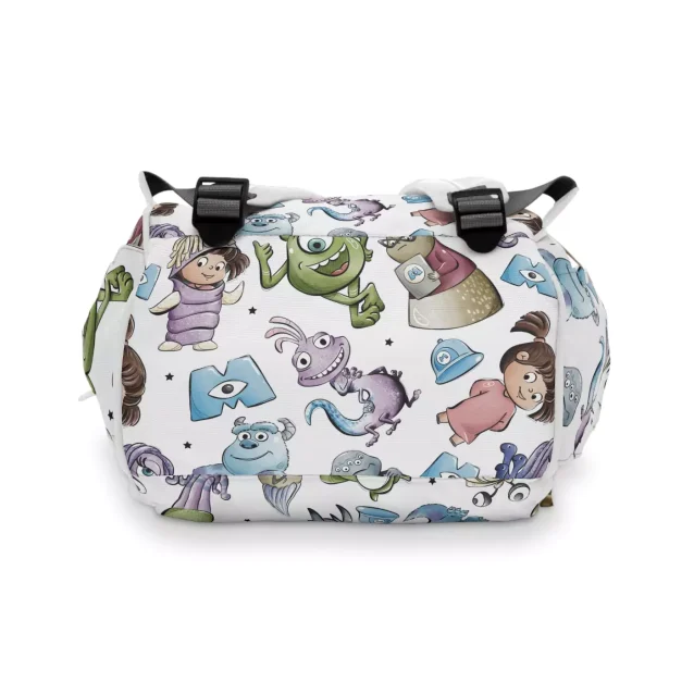 A dad holding the Monsters Inc diaper bag.