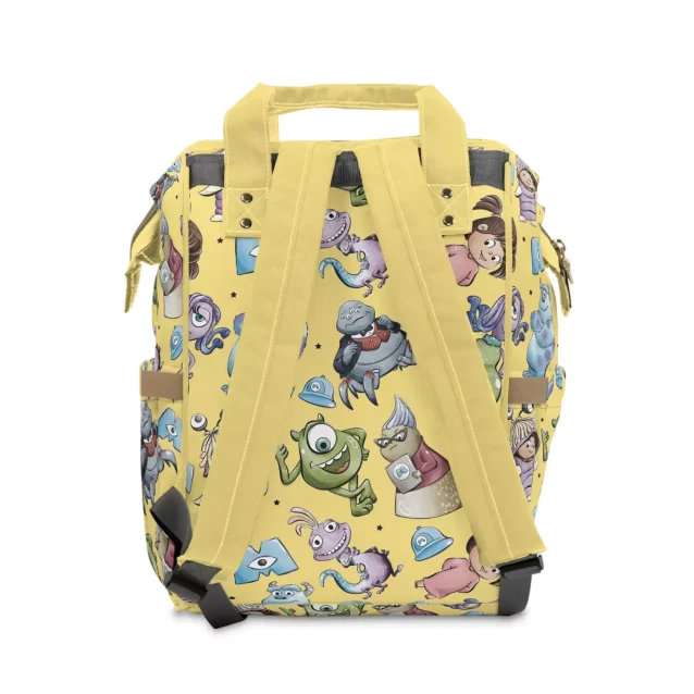 The water-resistant nylon fabric of the Monsters Inc. baby bag.
