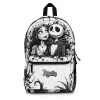 Close-up of the high-quality Oxford fabric and a Jack Skellington head zipper pull on the front pocket of the backpack.