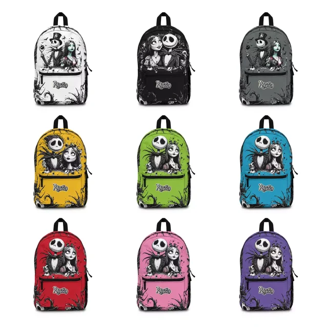 A customizable Nightmare Before Christmas knapsack for kids, displayed with a purple background and a personalized name patch.