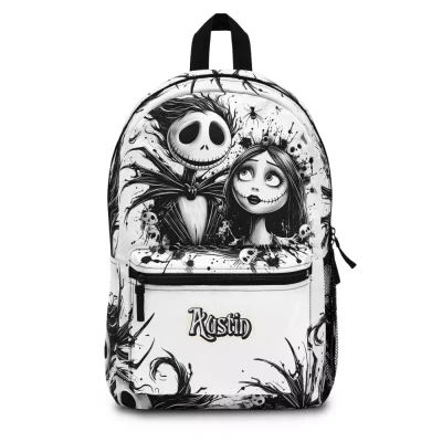 Front view of a personalized Nightmare Before Christmas backpack, featuring Jack and Sally on Spiral Hill with a custom name.
