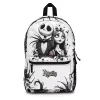 Side profile of a Jack Skellington school bag showing the mesh side pocket and durable black back panel.