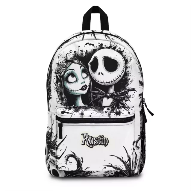 A "Halloween Town" themed school bag with a custom message option, shown from the left side to display its full pattern.