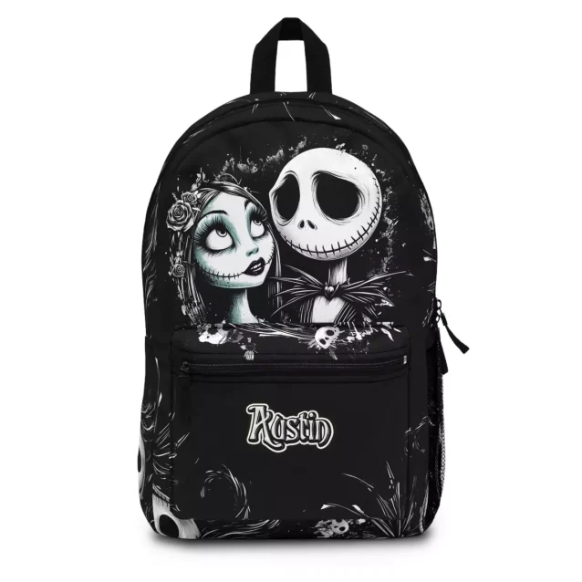 Right-side view of the durable Nightmare Before Christmas travel pack, illustrating the depth of the main compartment for books.