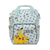 Light blue Pokemon nappy bag with Pikachu and Poké Balls, personalized with the baby's name.