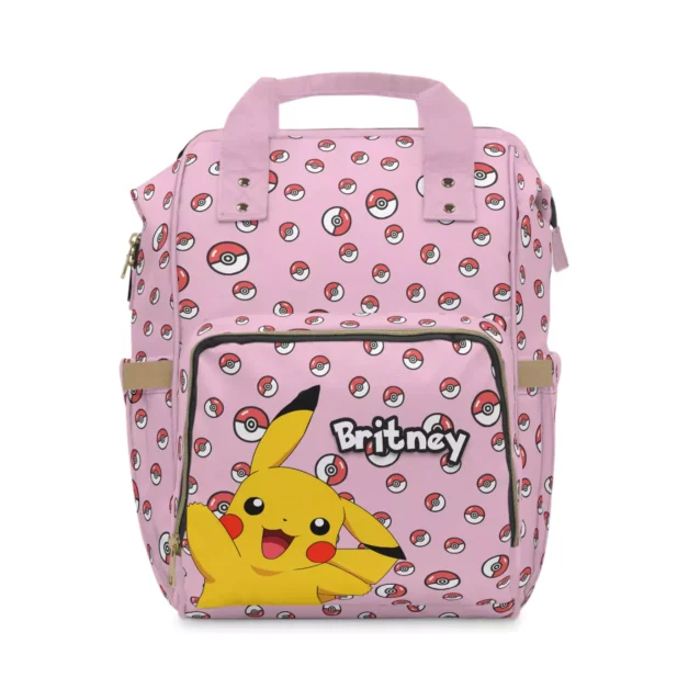 Pink Pikachu diaper bag backpack with the Poké Ball print for little trainers.