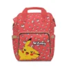 Red Pokemon diaper bag backpack with Pikachu on the pocket and white Poké Balls.
