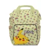Sage green Pokemon diaper bag with Pikachu artwork and tossed Poké Balls.