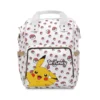 White Pokemon diaper bag backpack with a big waving Pikachu on the pocket and a Poké Ball toss print, the baby's name printed on the front.