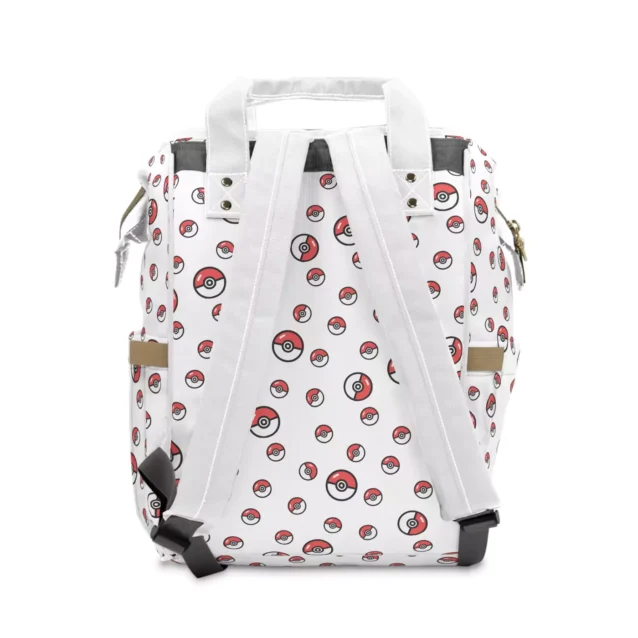 Back view of the white Pikachu diaper bag showing the padded back panel and adjustable shoulder straps.