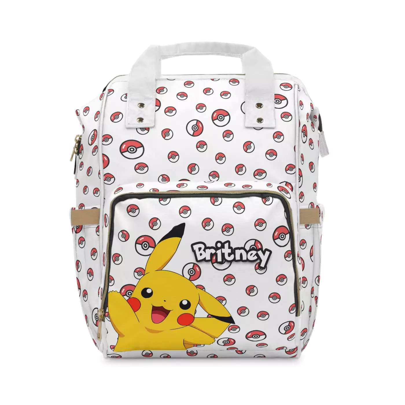 White Pokemon diaper bag backpack with a big waving Pikachu on the pocket and a Poké Ball toss print, the baby's name printed on the front.