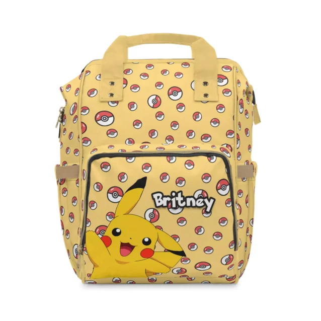 Yellow Pikachu diaper bag backpack with the classic Poké Ball pattern.