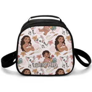 Custom personalized Baby Moana insulated thermal lunch box for toddlers and kids, showcasing cute ocean graphics and a secure zippered food compartment.