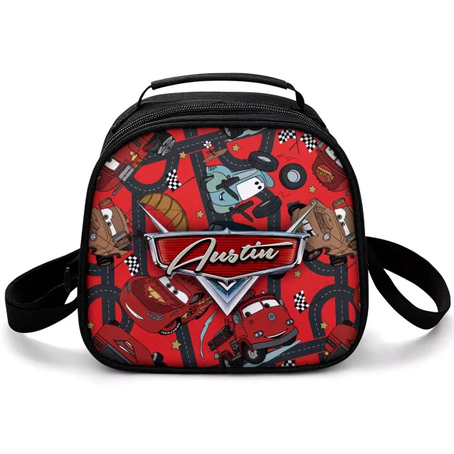 The spacious main compartment of the Lightning McQueen lunch bag for kids, with room for a bento box and drink.