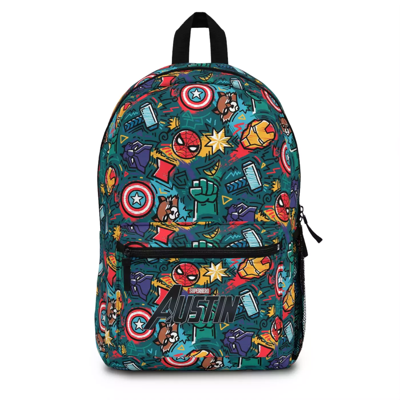 Front view of a personalized Spider-Man backpack for kids, featuring a red and blue web pattern and a custom name.