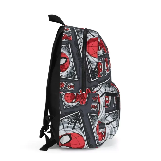 Side profile of a Spider-Man school bag showing the mesh side pocket and durable black back panel.