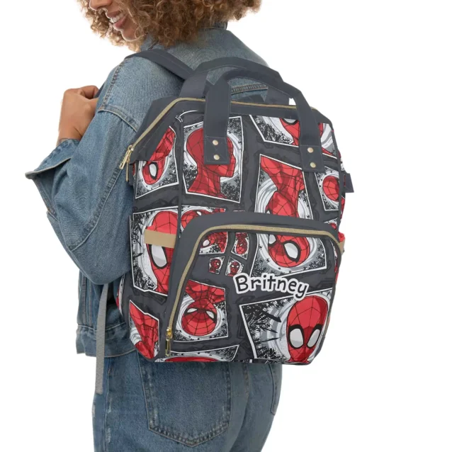 Spiderman diaper bag with bottle pockets and front compartment.