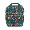 Teal Marvel diaper bag with doodles of Spider-Man, Hulk, Thor's hammer, Iron Man and Captain America's shield.