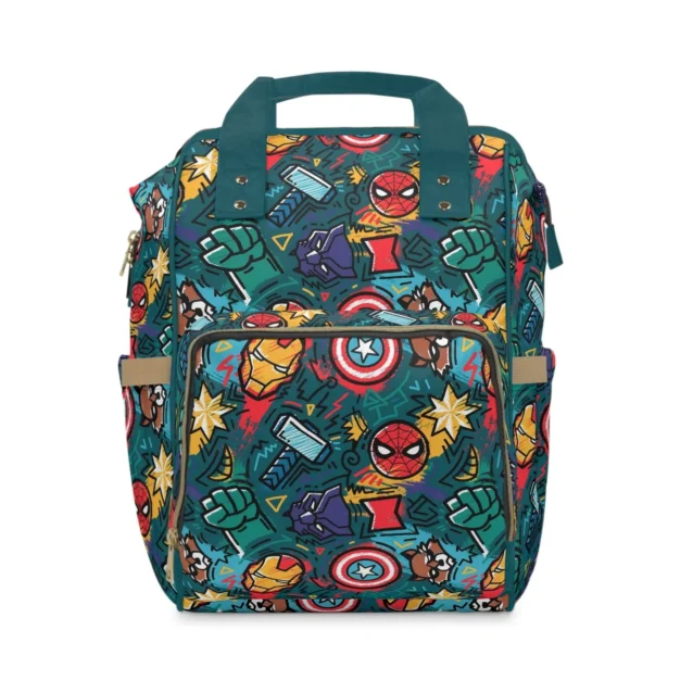 Teal Marvel diaper bag with doodles of Spider-Man, Hulk, Thor's hammer, Iron Man and Captain America's shield.