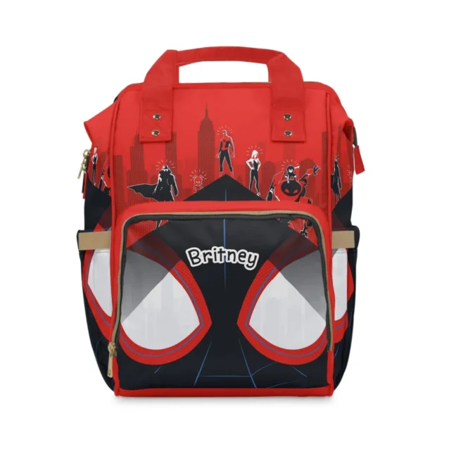 Miles Morales diaper bag backpack with the black and red mask eyes and spider-people over the city skyline.