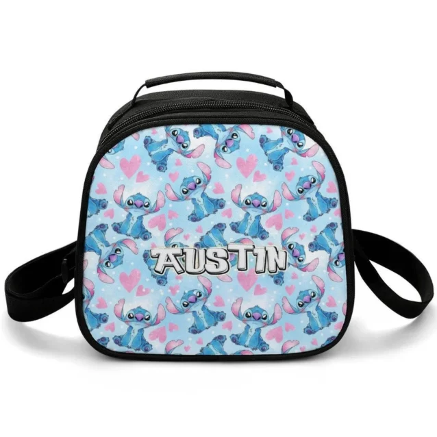 Front view of the custom personalized Classic Blue Lilo and Stitch insulated lunch bag for kids, featuring Experiment 626 graphics and a durable carrying handle.