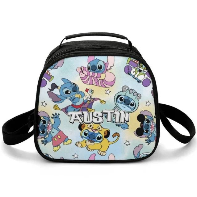 Streetwear inspired Stitch Sprayground style personalized lunch bag for kids, featuring edgy Disney graphics and a premium thermal aluminum foil interior.